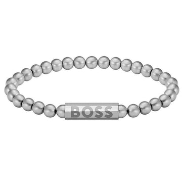 Ανδρικό βραχιόλι Boss 1580658M με ασημί χάντρες, διακοσμημένο με ασημί κυλινδρικό στοιχείο από ανοξείδωτο ατσάλι.